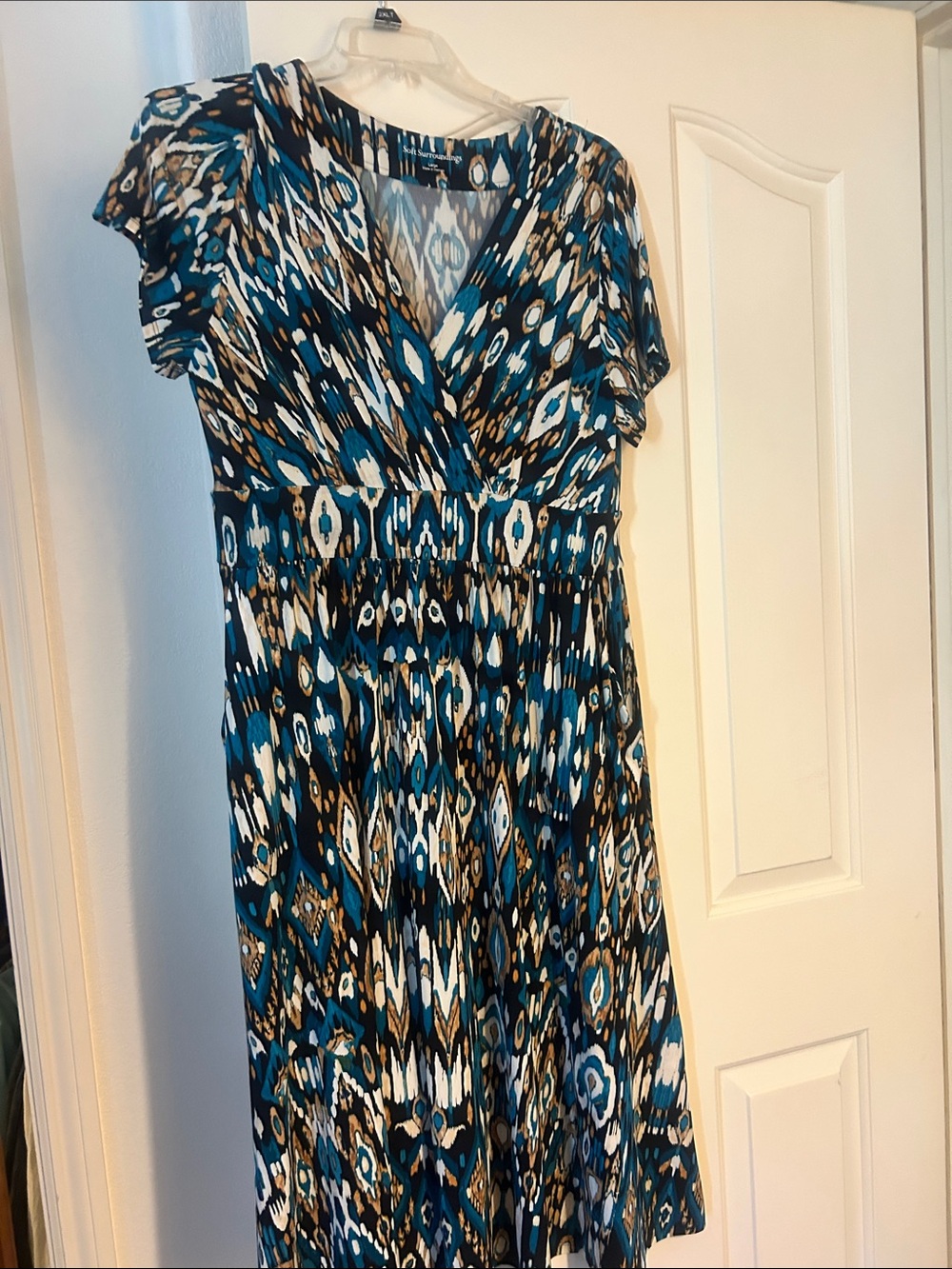 Soft Surroundings Teal, Black & White Ikat Midi Wrap Dress